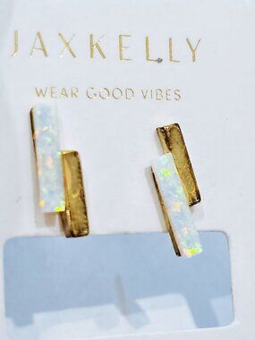 White Opal & Gold Bar Stud Earrings